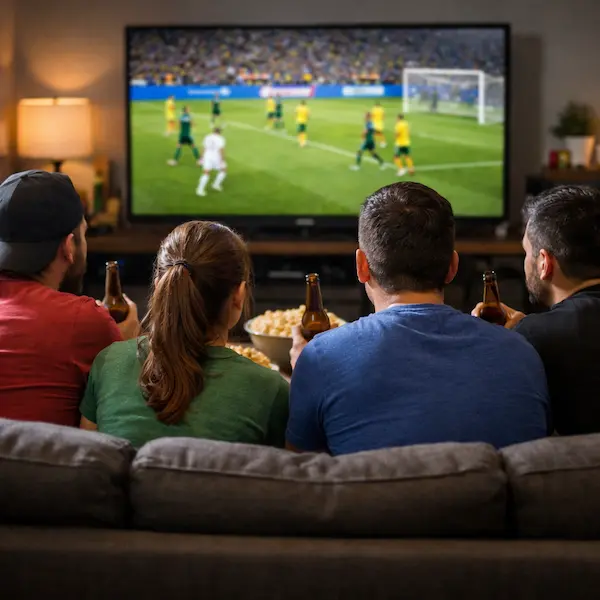 Teste IPTV grátis - Amigos assistindo futebol ao vivo em IPTV 4K na Smart TV